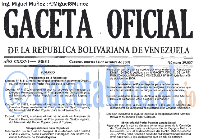 Gaceta Oficial 39037 del 14 Octubre 2008