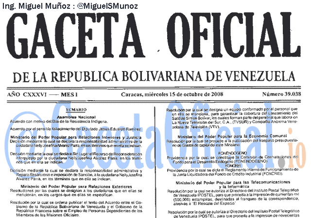 Gaceta Oficial 39038 del 15 Octubre 2008