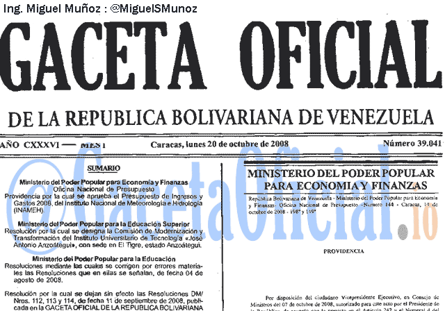 Gaceta Oficial 39041 del 20 Octubre 2008