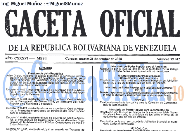 Gaceta Oficial 39042 del 21 Octubre 2008