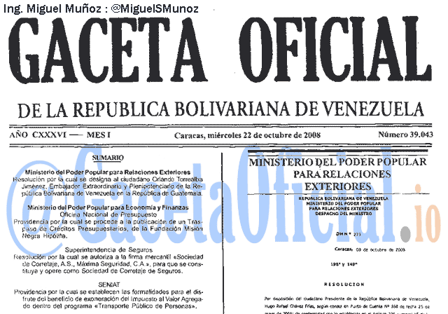 Gaceta Oficial 39043 del 22 Octubre 2008