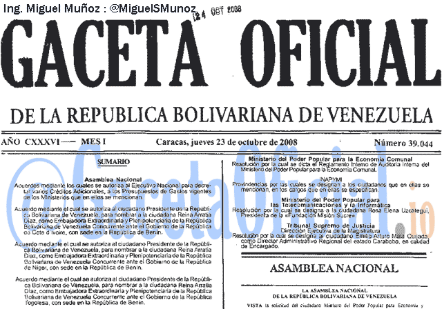 Gaceta Oficial 39044 del 23 Octubre 2008