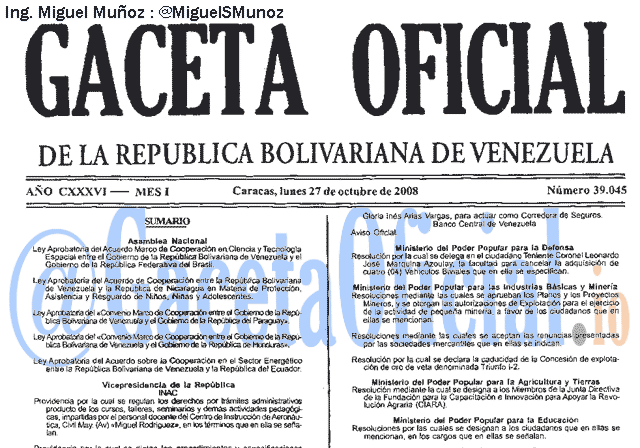 Gaceta Oficial 39045 del 27 Octubre 2008