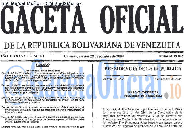 Gaceta Oficial 39046 del 28 Octubre 2008