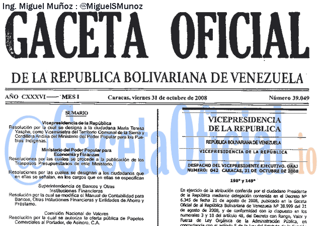 Gaceta Oficial 39049 del 31 Octubre 2008