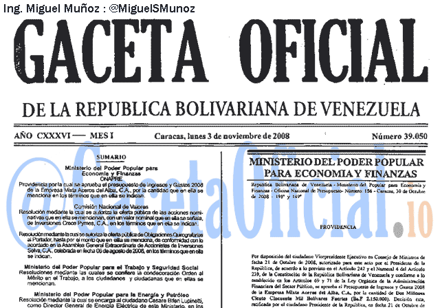 Gaceta Oficial 39050 del 3 Noviembre 2008
