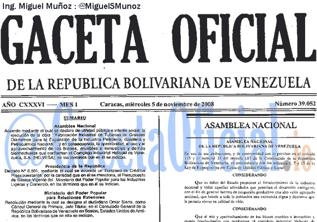 Gaceta Oficial 39052 del 5 Noviembre 2008
