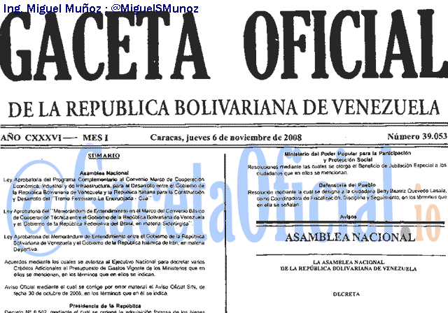 Gaceta Oficial 39053 del 6 Noviembre 2008