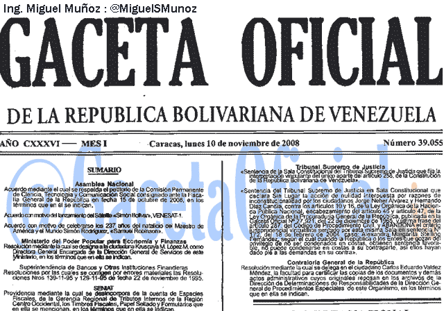 Gaceta Oficial 39055 del 10 Noviembre 2008
