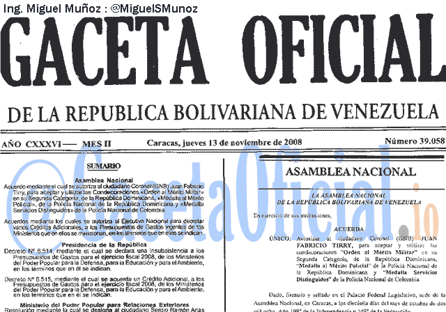 Gaceta Oficial 39058 del 13 Noviembre 2008