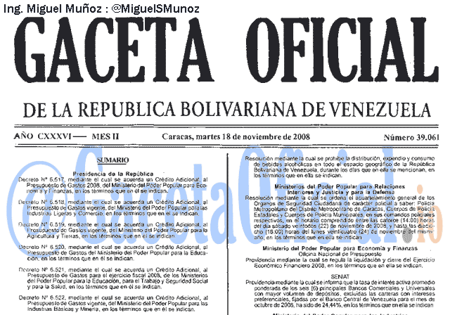 Gaceta Oficial 39061 del 18 Noviembre 2008