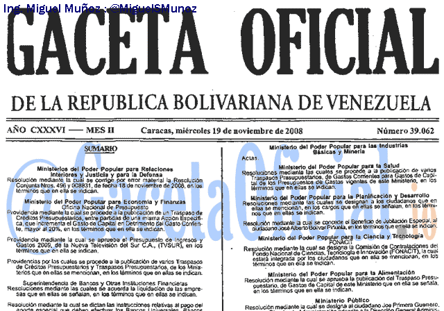 Gaceta Oficial 39062 del 19 Noviembre 2008