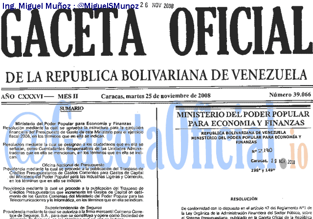 Gaceta Oficial 39066 del 25 Noviembre 2008