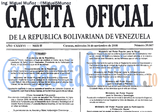 Gaceta Oficial 39067 del 26 Noviembre 2008