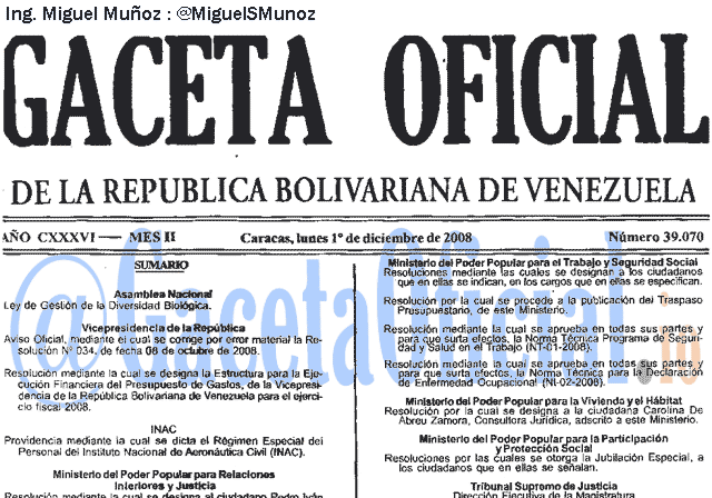 Gaceta Oficial 39070 del 1 Diciembre 2008