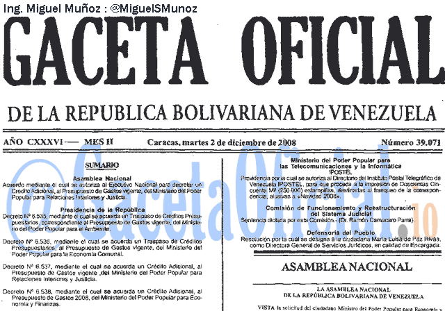 Gaceta Oficial 39071 del 2 Diciembre 2008