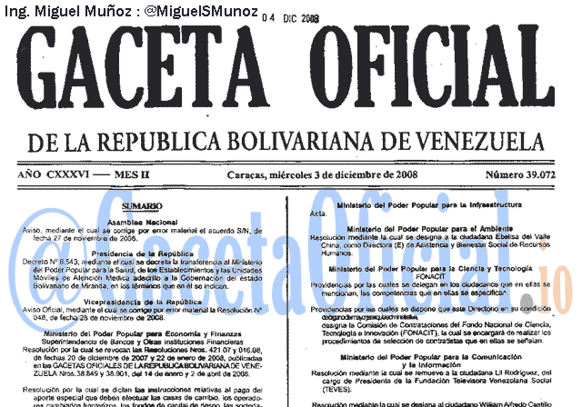 Gaceta Oficial 39072 del 3 Diciembre 2008