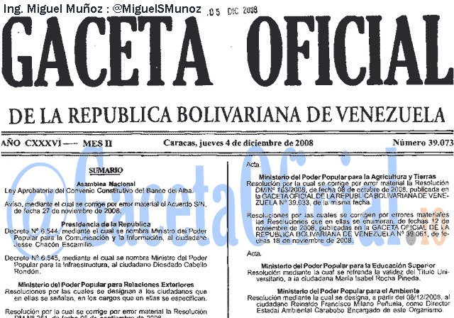 Gaceta Oficial 39073 del 4 Diciembre 2008