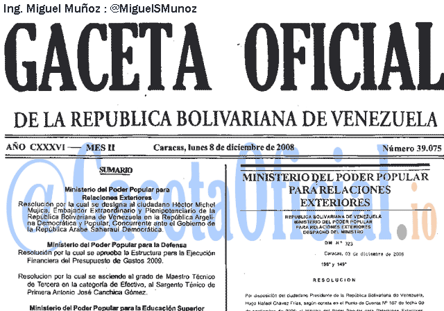 Gaceta Oficial 39075 del 8 Diciembre 2008