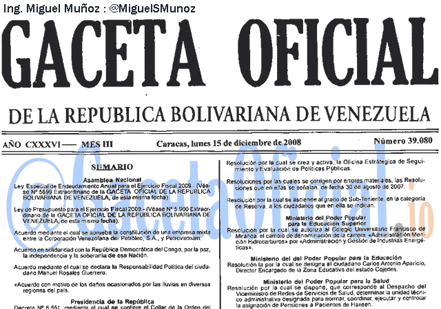 Gaceta Oficial 39080 del 15 Diciembre 2008