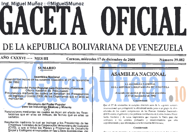 Gaceta Oficial 39082 del 17 Diciembre 2008