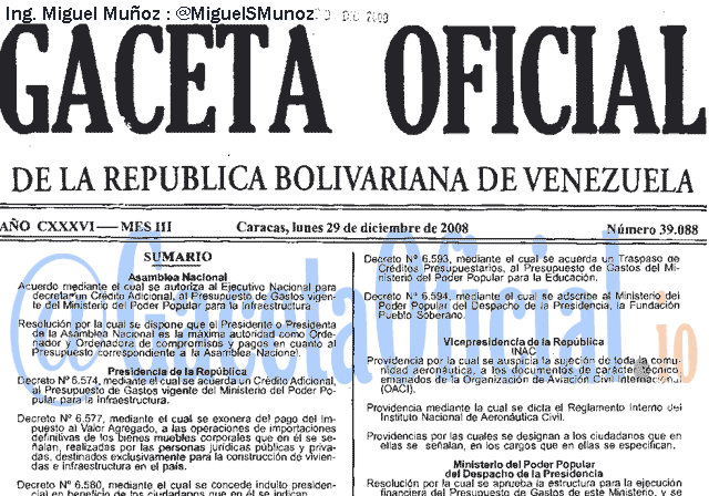Gaceta Oficial 39088 del 29 Diciembre 2008