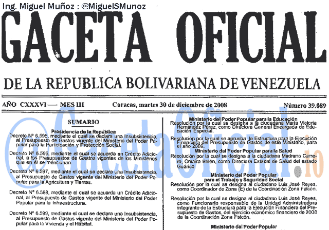 Gaceta Oficial 39089 del 30 Diciembre 2008