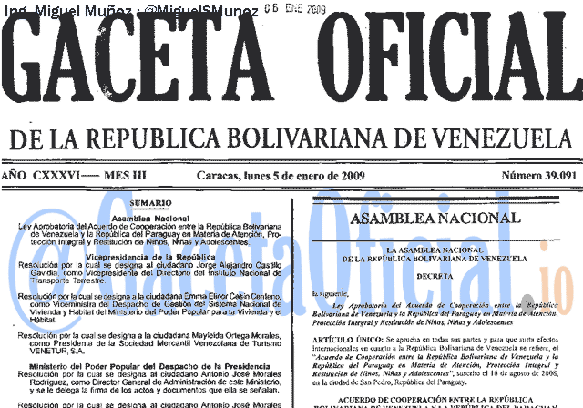 Gaceta Oficial 39091 del 5 Enero 2009