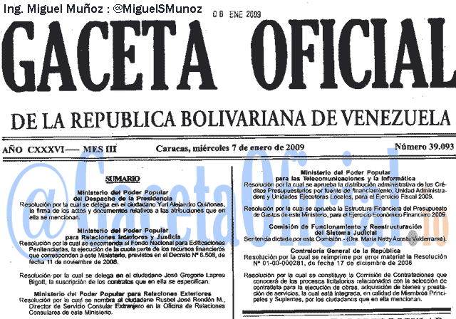 Gaceta Oficial 39093 del 7 Enero 2009