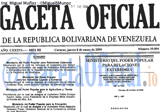 Gaceta Oficial 39094 del 8 Enero 2009
