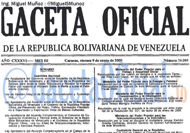 Gaceta Oficial 39095 del 9 Enero 2009