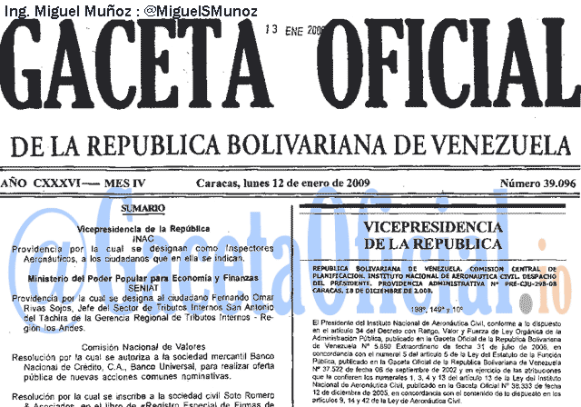 Gaceta Oficial 39096 del 12 Enero 2009