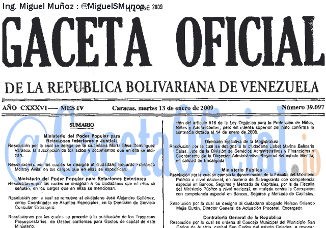 Gaceta Oficial 39097 del 13 Enero 2009