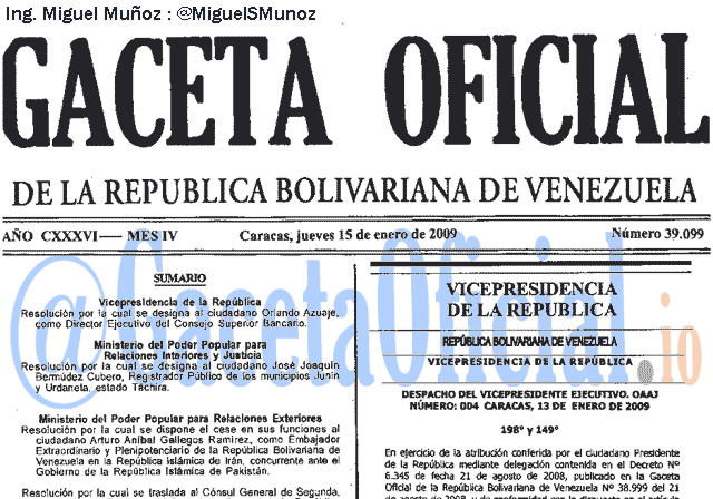 Gaceta Oficial 39099 del 15 Enero 2009