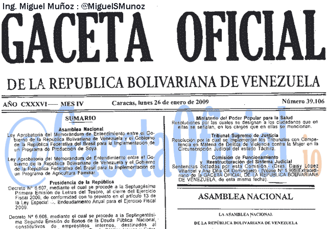 Gaceta Oficial 39106 del 26 Enero 2009