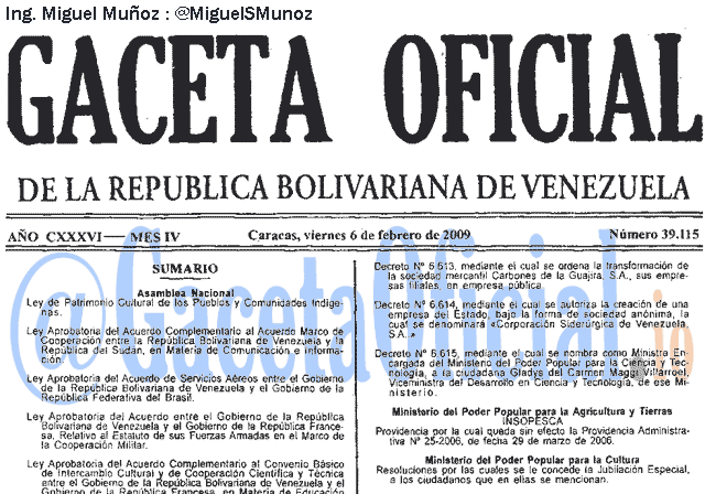 Gaceta Oficial 39115 del 6 Febrero 2009