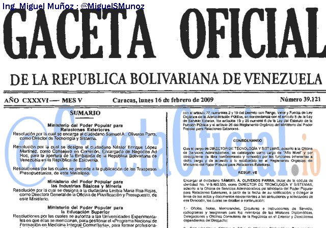 Gaceta Oficial 39121 del 16 Febrero 2009