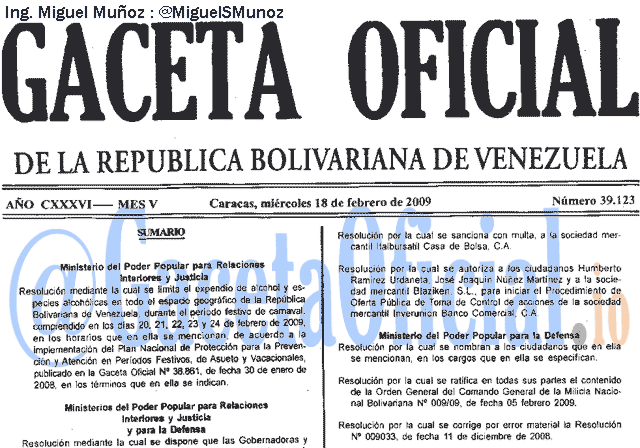 Gaceta Oficial 39123 del 18 Febrero 2009
