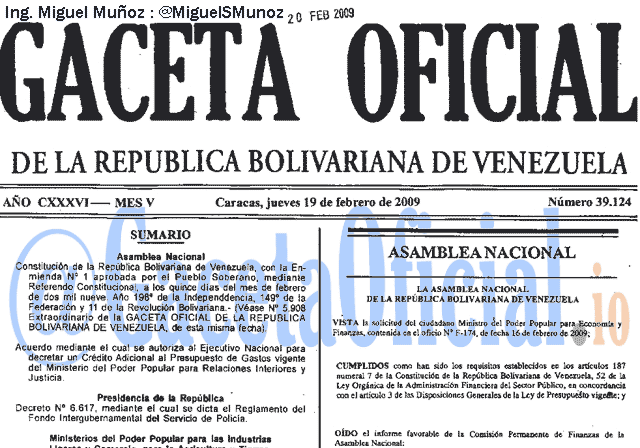 Gaceta Oficial 39124 del 19 Febrero 2009