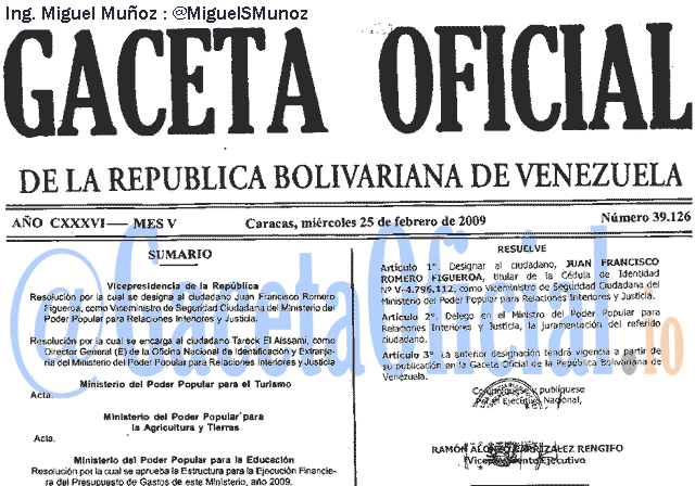Gaceta Oficial 39126 del 25 Febrero 2009