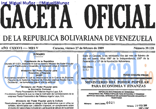 Gaceta Oficial 39128 del 27 Febrero 2009