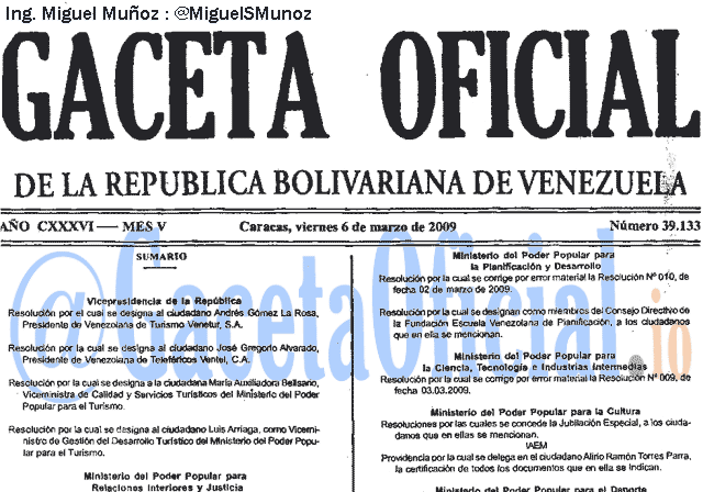 Gaceta Oficial 39133 del 6 Marzo 2009