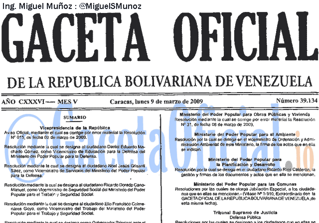 Gaceta Oficial 39134 del 9 Marzo 2009
