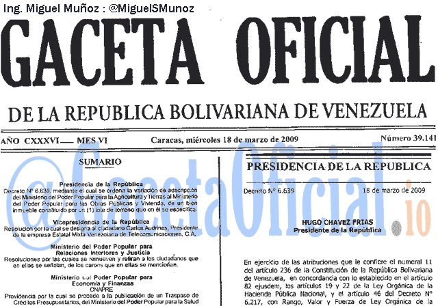 Gaceta Oficial 39141 del 18 Marzo 2009