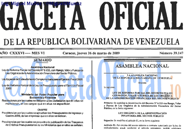 Gaceta Oficial 39147 del 26 Marzo 2009