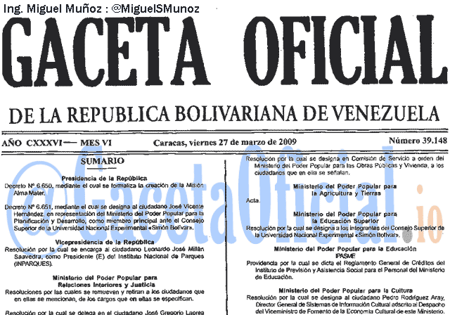 Gaceta Oficial 39148 del 27 Marzo 2009