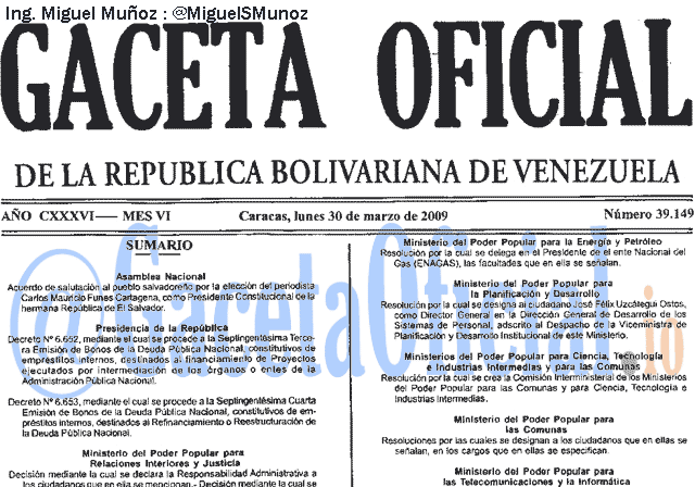 Gaceta Oficial 39149 del 30 Marzo 2009