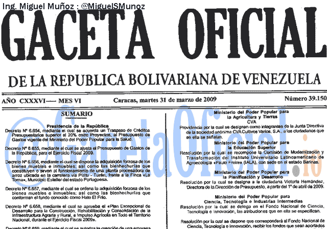 Gaceta Oficial 39150 del 31 Marzo 2009