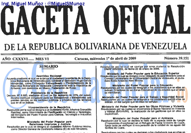 Gaceta Oficial 39151 del 1 Abril 2009