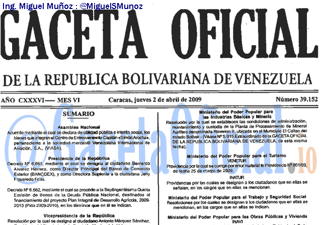 Gaceta Oficial 39152 del 2 Abril 2009